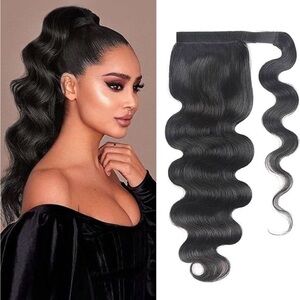 Human Hair Natural Black Body Wave 21 Inch Wrap Around Ponytail Extension